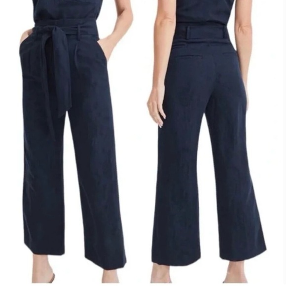Veronica Beard Vitha Belted Pants Jacquard Floral Navy High Waisted Cropped 10 - Picture 1 of 8